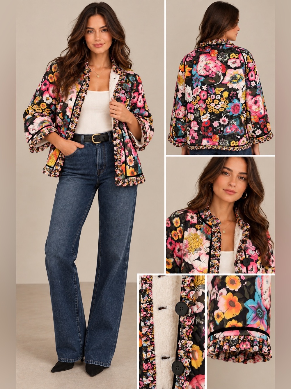 NWT Miss Sparkling Floral Quilted Jacket Multicolor Sherpa Lined Ruffle Trim XL
